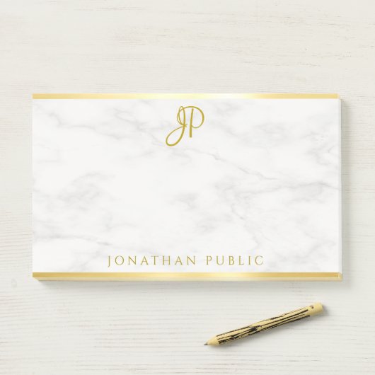 Custom Handgeschreven Monogram Wit Marmer Goud Post-it® Notes (Op bureau)