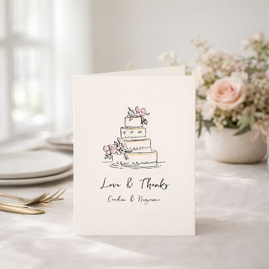 Custom Handwritten Pink Yellow Doodle Wedding Cake Bedankkaart