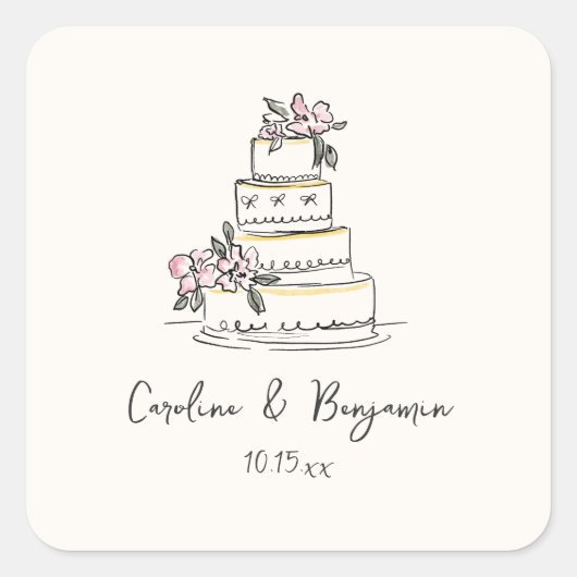 Custom Handwritten Pink Yellow Doodle Wedding Cake Vierkante Sticker (Voorkant)