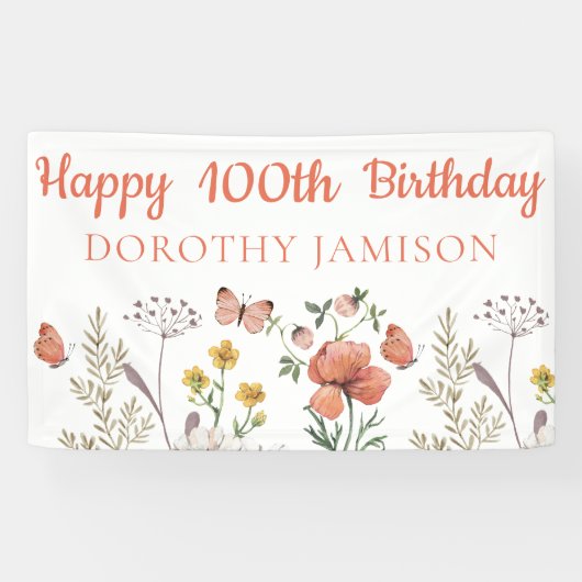 Custom Happy 100th Birthday Wildflowers Spandoek (Horizontaal)