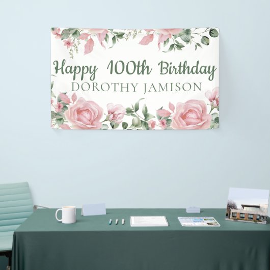 Custom Happy 100th Verjaardag Bloemen Spandoek (Beurs)