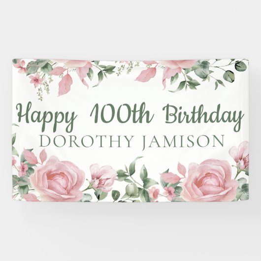 Custom Happy 100th Verjaardag Bloemen Spandoek (Horizontaal)