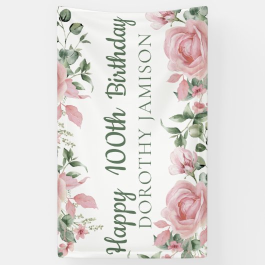 Custom Happy 100th Verjaardag Bloemen Spandoek (Verticaal)