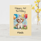 Custom Happy 1st Birthday Congratulations, Puppy  Kaart (Gele Bloem)