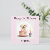 Custom Happy 1st Birthday Kaart, met naam, puppy Kaart (Staand voorkant)