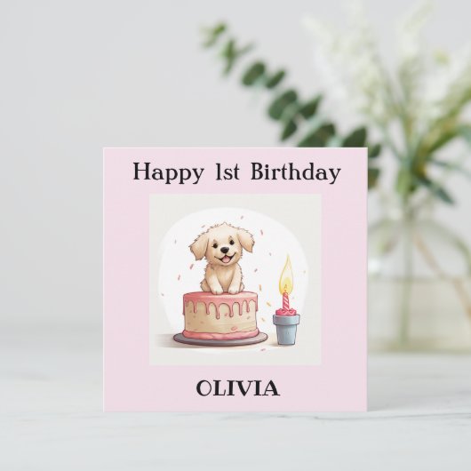 Custom Happy 1st Birthday Kaart, met naam, puppy Kaart (Staand voorkant)