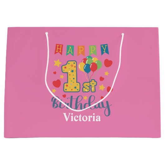 Custom Happy 1st Verjaardag Grote Gift Bag Groot Cadeauzakje (Voorkant)
