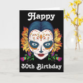 Custom Happy 30th Birthday Sugar Skull Kaart (Gele Bloem)