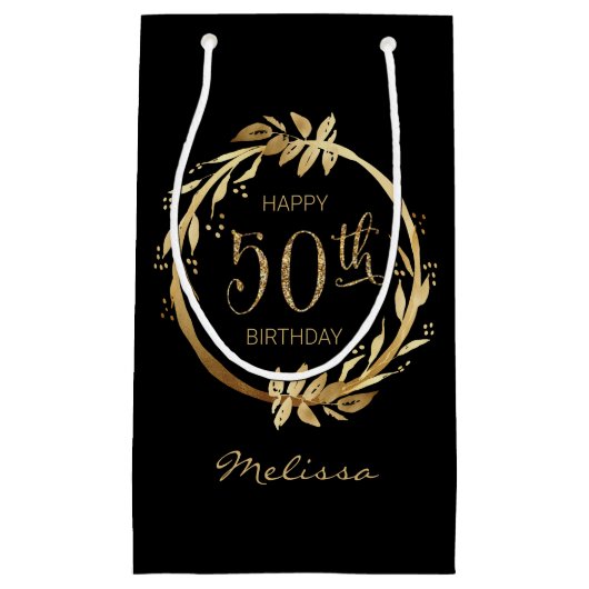 Custom Happy 50th Verjaardag Goud Zwart Glitter Klein Cadeauzakje (Voorkant)
