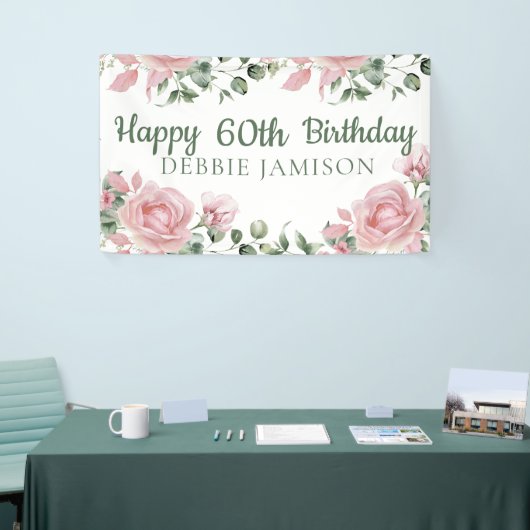 Custom Happy 60th Birthday Roos Bloemen Spandoek (Beurs)