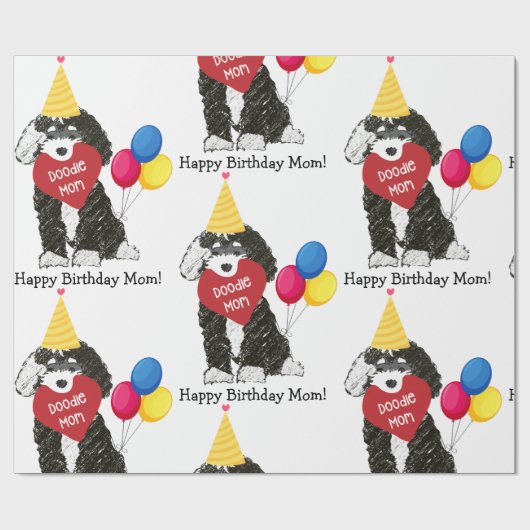 Custom Happy Birthday Mam B & W Bernedoodle Cadeaupapier (Vlak)