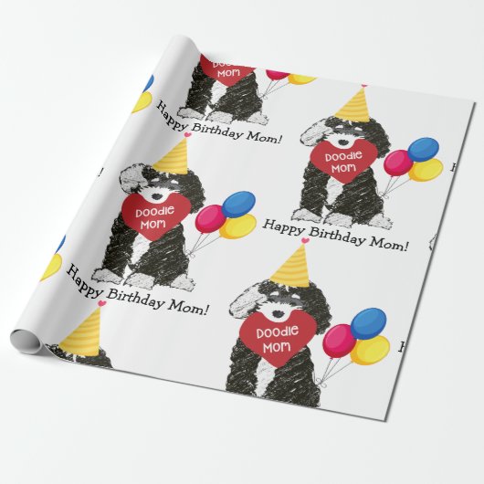 Custom Happy Birthday Mam B & W Bernedoodle Cadeaupapier (Uitgerold)
