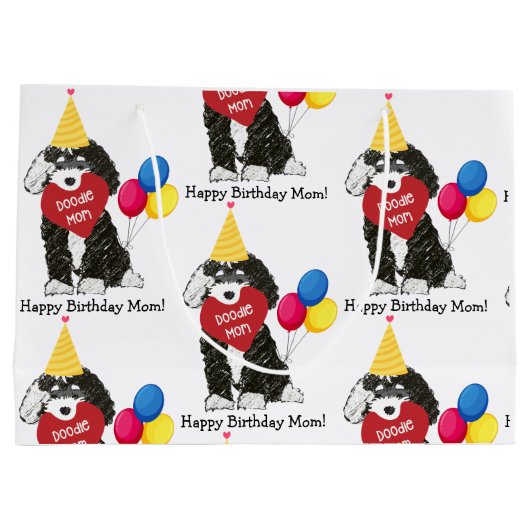 Custom Happy Birthday Mam B & W Bernedoodle Groot Cadeauzakje (Achterkant)