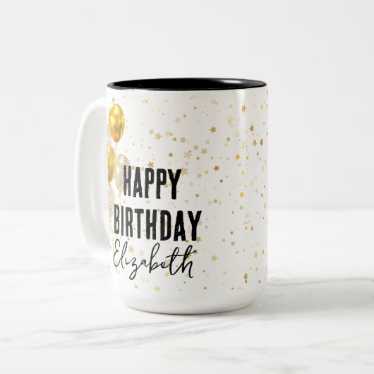 Custom Happy Birthday Mok, verjaardagscadeau voor  Tweekleurige Koffiemok (Voorkant links)