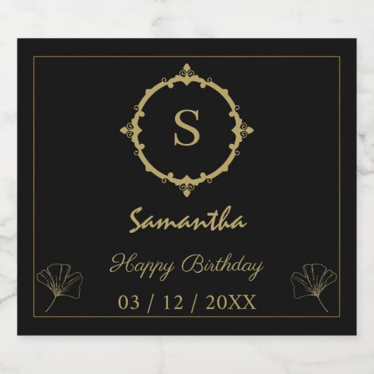 Custom Happy Birthday Naam Monogram Zwart Goud Sparkling Wijnetiket (Enkel label)