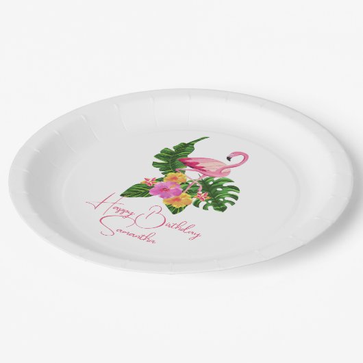 Custom Happy Birthday Party Tropische Flamingo's Papieren Bordje (Gekanteld)
