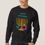 Custom HAPPY CHANUKAH Chanoeka Trui<br><div class="desc">HAPPY CHANUKAH Hanukkah unisex sweatshirt,  met  TEKST,  ontworpen met faux gouden menora,  kleurrijke davidster en zilverkleurige dreidel plus  BEGROETING,  zodat u uw eigen begroeting kunt creëer. Ideale mannen of vrouwen trui voor het seizoen van Chanoeka. Kies uit een breed deel van Chanoeka kleding en geschenken,  ontworpen door Berner Design.</div>