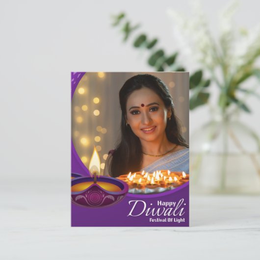 Custom Happy Diwali Festival van Licht Paarse Wit Feestdagenkaart (Staand voorkant)