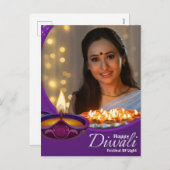 Custom Happy Diwali Festival van Licht Paarse Wit Feestdagenkaart (Voorkant / Achterkant)