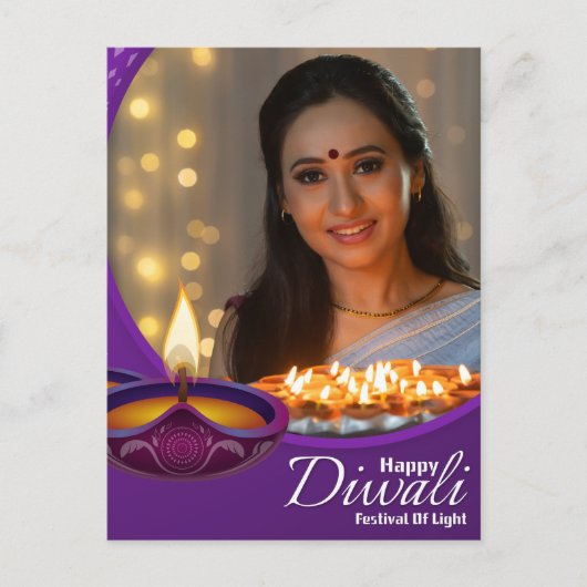 Custom Happy Diwali Festival van Licht Paarse Wit Feestdagenkaart (Voorkant)