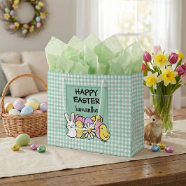 Custom Happy Easter Bunny Chick Green Gingham Groot Cadeauzakje