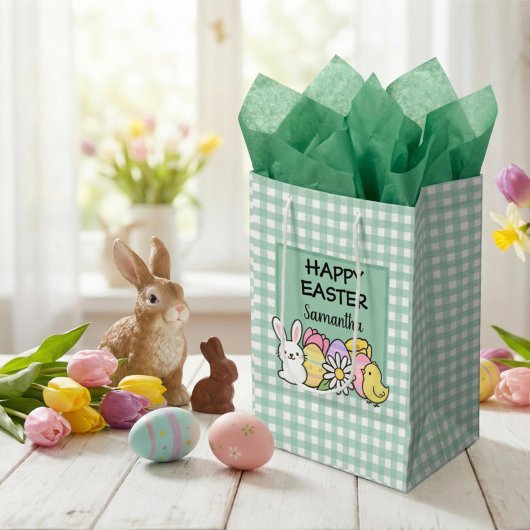 Custom Happy Easter Bunny Chick Green Gingham Medium Cadeauzakje