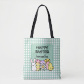 Custom Happy Easter Bunny Chick Green Gingham Tote Bag (Voorkant)