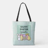 Custom Happy Easter Bunny Chick Green Gingham Tote Bag (Achterkant)