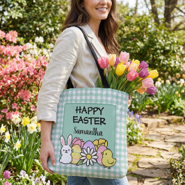Custom Happy Easter Bunny Chick Green Gingham Tote Bag