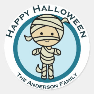 Custom Happy Halloween Blue Mummy Monster Favor Ronde Sticker