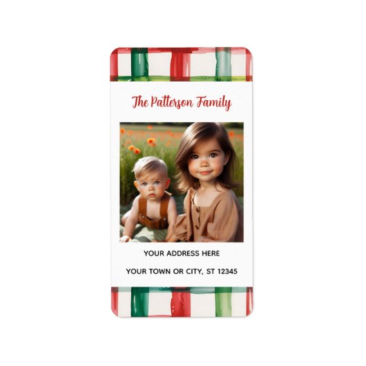 Custom Happy Holidays Fun Plaid Red Green Photo Etiket (Voorkant)
