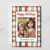 Custom Happy Holidays Fun Plaid Red Green Photo Feestdagenkaart (Voorkant)