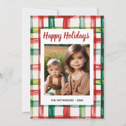 Custom Happy Holidays Fun Plaid Red Green Photo Feestdagenkaart (Voorkant)