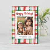 Custom Happy Holidays Fun Plaid Red Green Photo Feestdagenkaart (Staand voorkant)
