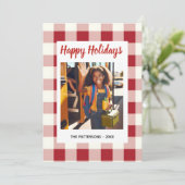 Custom Happy Holidays Fun Plaid Red Green Photo Feestdagenkaart (Staand voorkant)