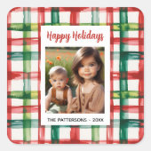 Custom Happy Holidays Fun Plaid Red Green Photo Vierkante Sticker (Voorkant)