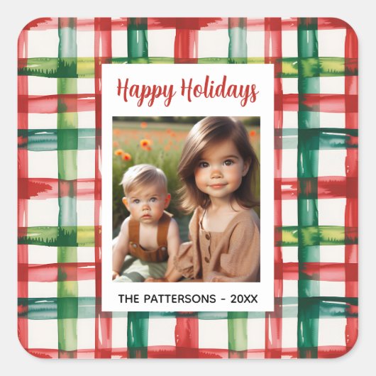 Custom Happy Holidays Fun Plaid Red Green Photo Vierkante Sticker (Voorkant)