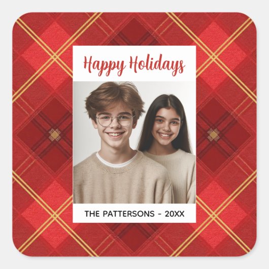 Custom Happy Holidays Fun Plaid Red Green Photo Vierkante Sticker (Voorkant)
