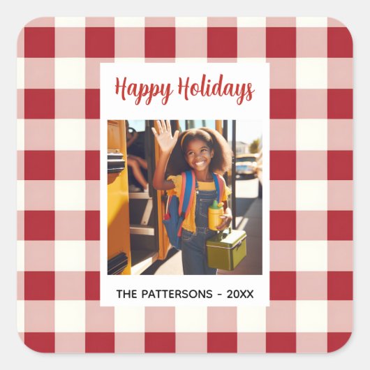 Custom Happy Holidays Fun Plaid Red White Photo Vierkante Sticker (Voorkant)