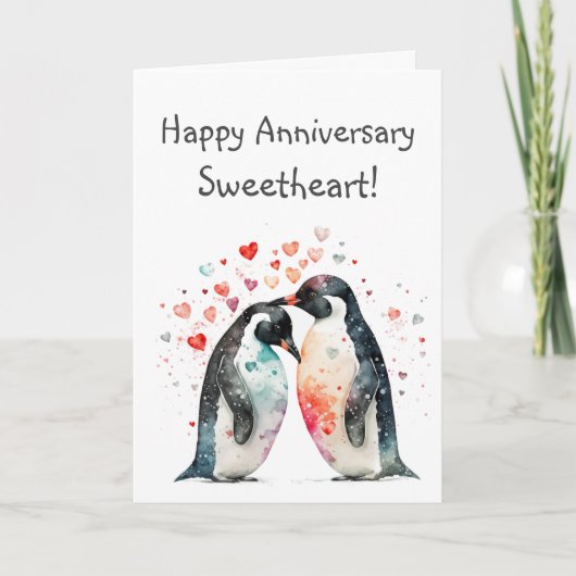 Custom Happy Jubileum Sweetheart Schattigee Pinguï Kaart (Voorkant)