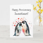 Custom Happy Jubileum Sweetheart Schattigee Pinguï Kaart (Gele Bloem)