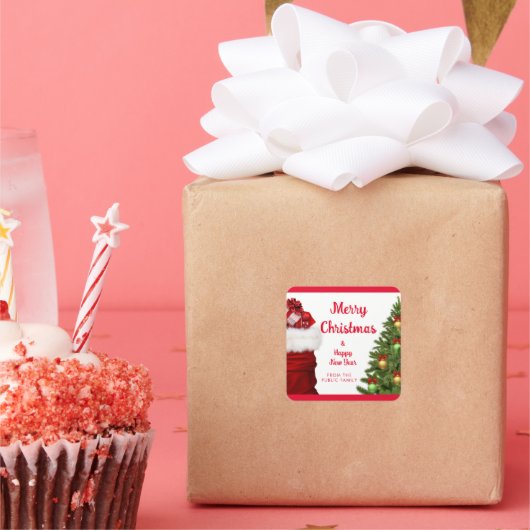 Custom Happy New Year Merry Christmas Red Vierkante Sticker (Feest)