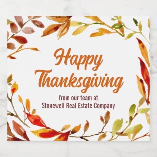 Custom Happy Thanksgiving Autumn Leaves Company Sparkling Wijnetiket (Enkel label)