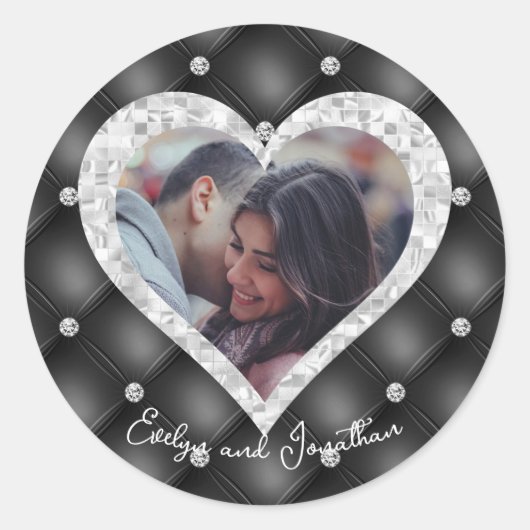 Custom Hart Foto Zwart & Zilver Diamanten Bruiloft Ronde Sticker (Voorkant)