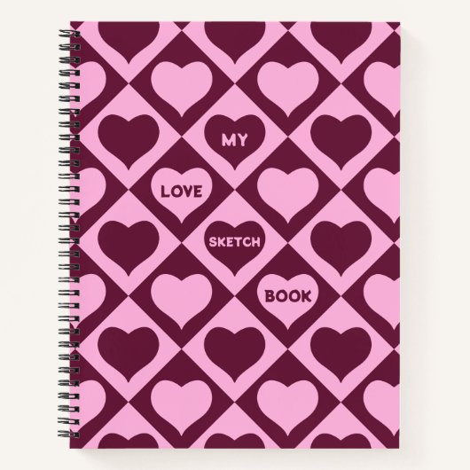 Custom Heart Checkerboard Pattern Bordeaux Pink -  Notitieboek (Voorkant)