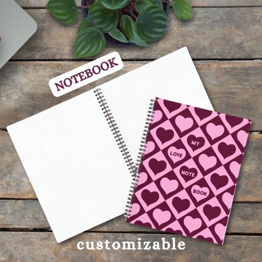 Custom Heart Checkerboard Pattern Bordeaux Pink - Notitieboek