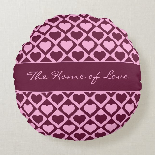 Custom Heart Checkerboard Pattern Bordeaux Pink -  Rond Kussen (Voorkant)