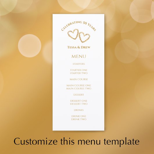 Custom Heart Golden 50th Wedding Anniversary Party Menu