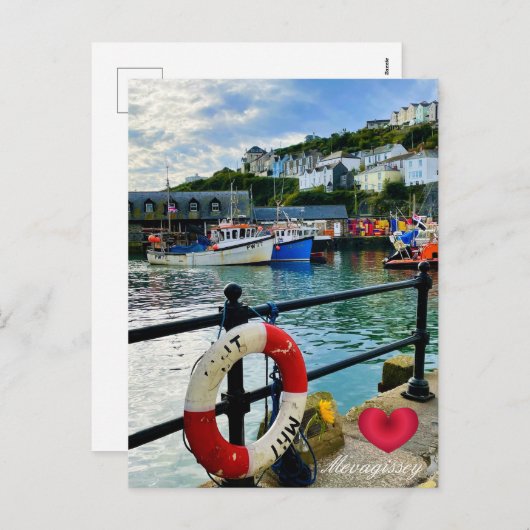 Custom Heart Mevagissey Harbour Lifebuoy Cornwall Feestdagenkaart (Voorkant / Achterkant)