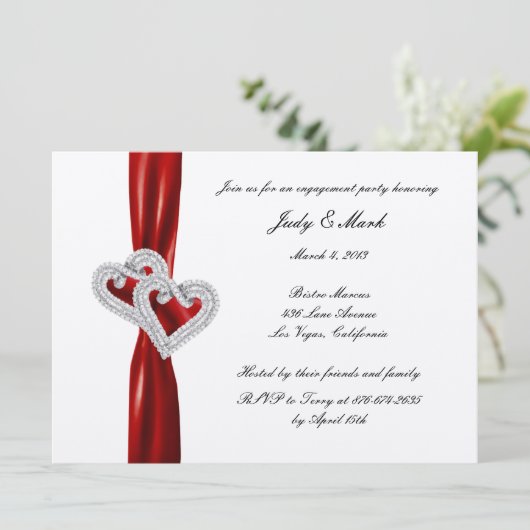 Custom Hearts Red Ribbon Engagement Party Uitnodig Kaart (Staand voorkant)